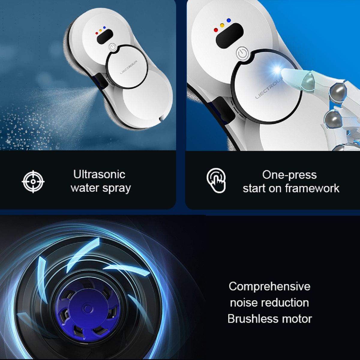 Roboter-Fensterreiniger mit Wassersprühfunktion, Startknopf und bürstenlosem Motor.