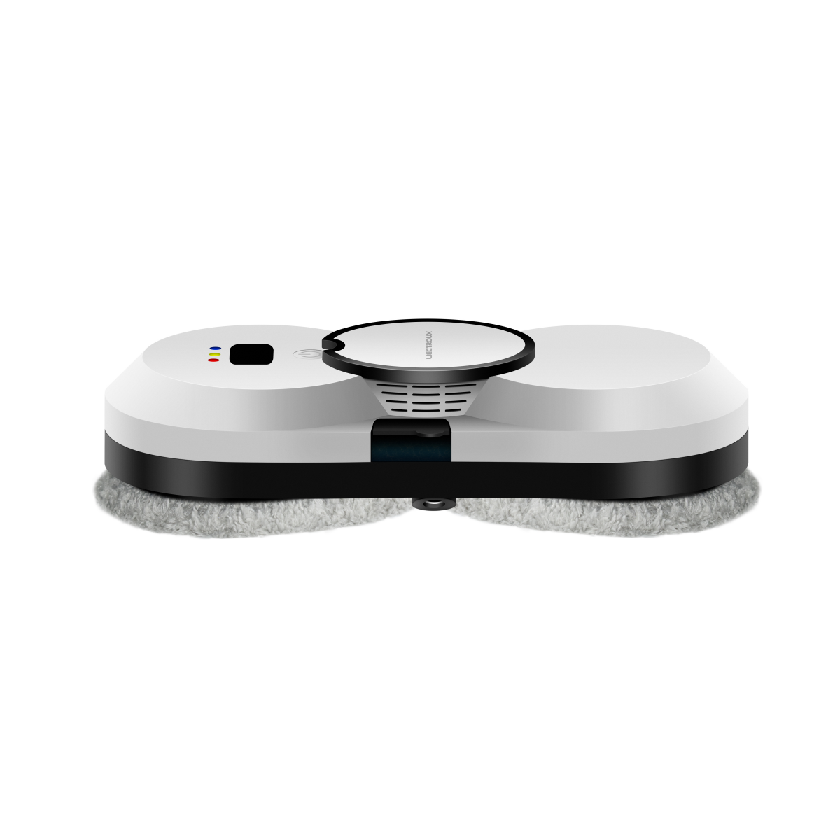 Weiß-schwarzer Roboter-Staubsauger. Der Staubsauger hat eine runde Form mit zwei Bürstenaufsätzen an der Unterseite.