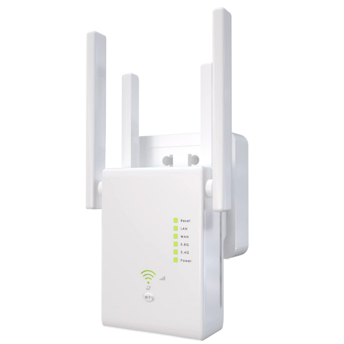 Weißer WLAN-Repeater mit Antennen und Lichtern, eingesteckt in eine Wand.