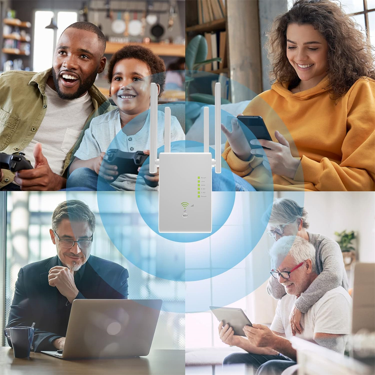 Mehrere Personen benutzen Geräte, ein WLAN-Repeater befindet sich in der Bildmitte.