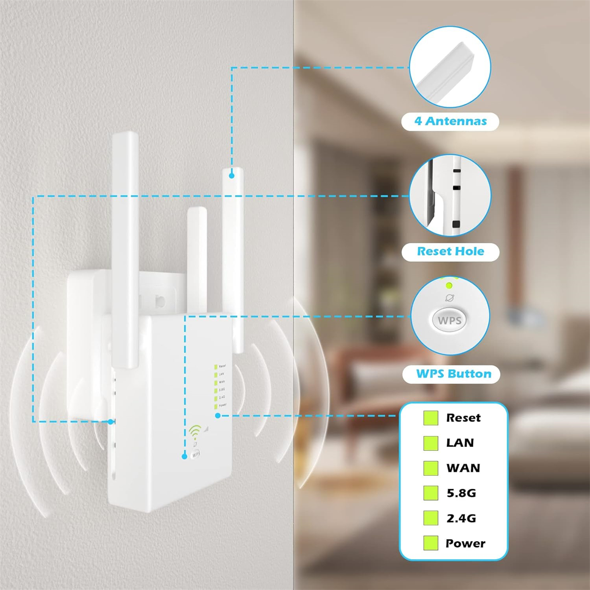 Weißer WLAN-Repeater in der Wand, mit beschrifteten Teilen.