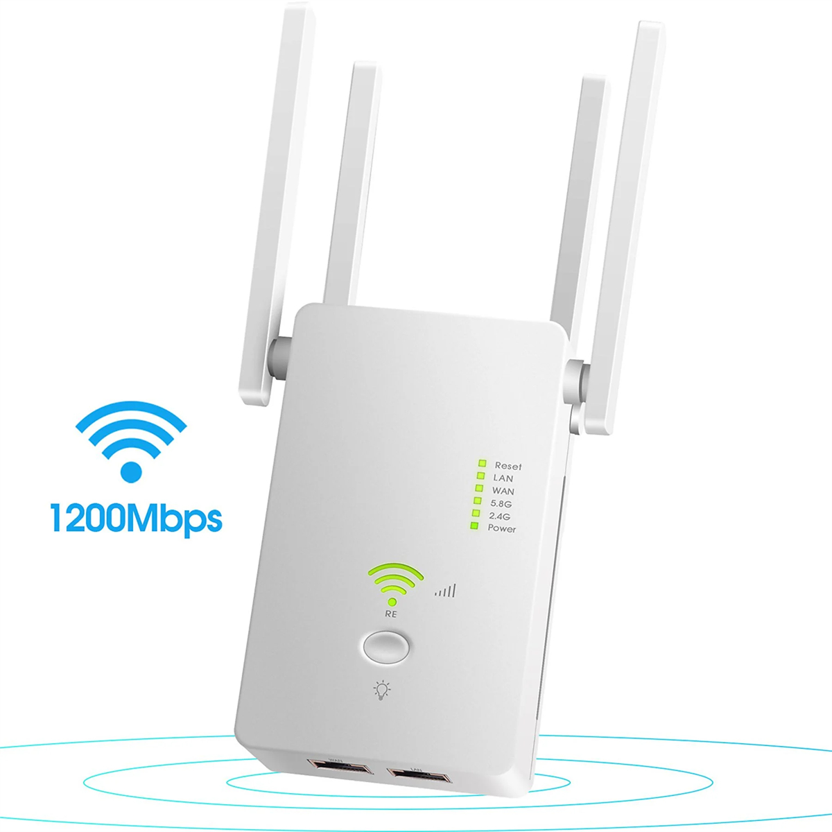Weißer WLAN-Repeater mit Antennen. Text lautet 1200 Mbit/s. Weißer Hintergrund.