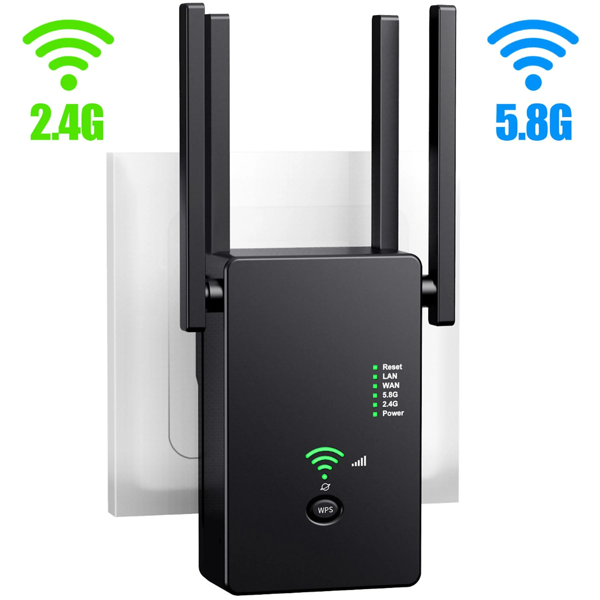 Schwarzer WLAN-Repeater, der an eine Steckdose angeschlossen ist. Zwei Antennen. Grüne und blaue Signal-Icons.