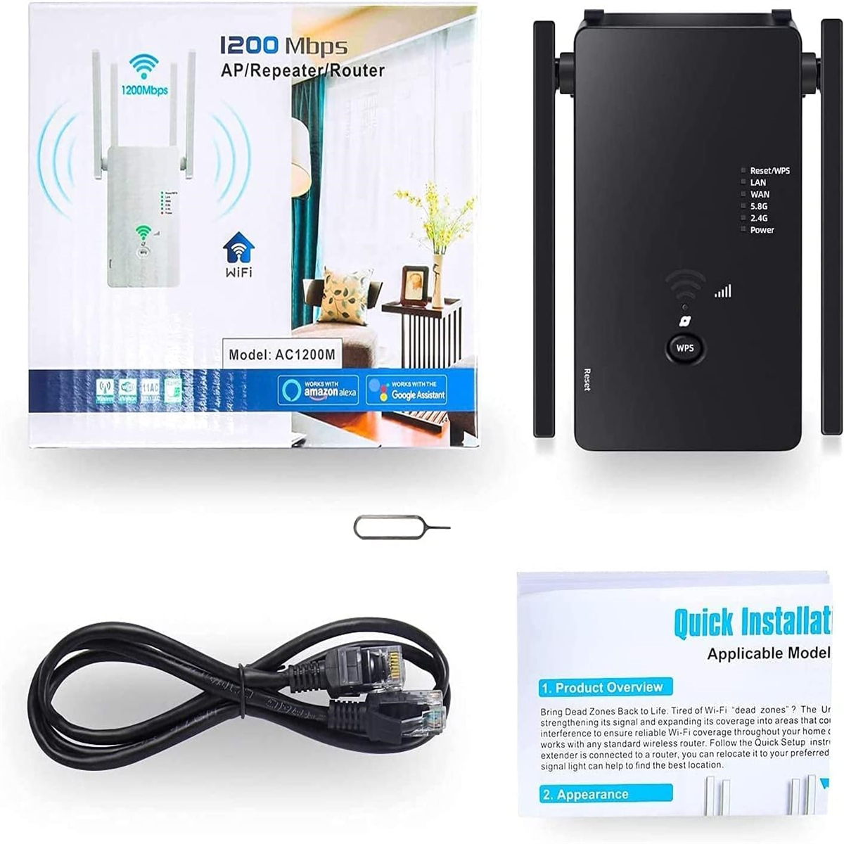 Eine Routerbox, ein schwarzer Router, ein Kabel und eine Installationsanleitung werden auf weißer Oberfläche angezeigt.