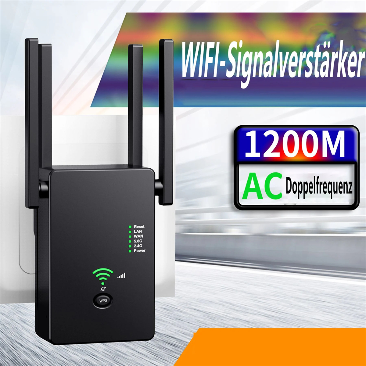 Ein schwarzer WLAN-Signalverstärker, der in eine Steckdose gesteckt wird. Er hat Antennen und Kontrollleuchten.