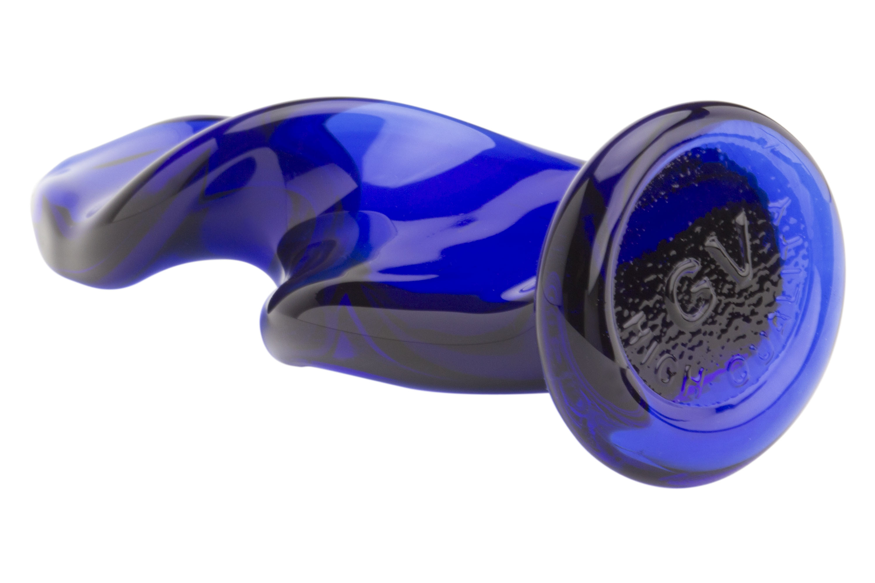 Blauer Glasdildo, gebogene Form, liegend, mit strukturierter Basis.