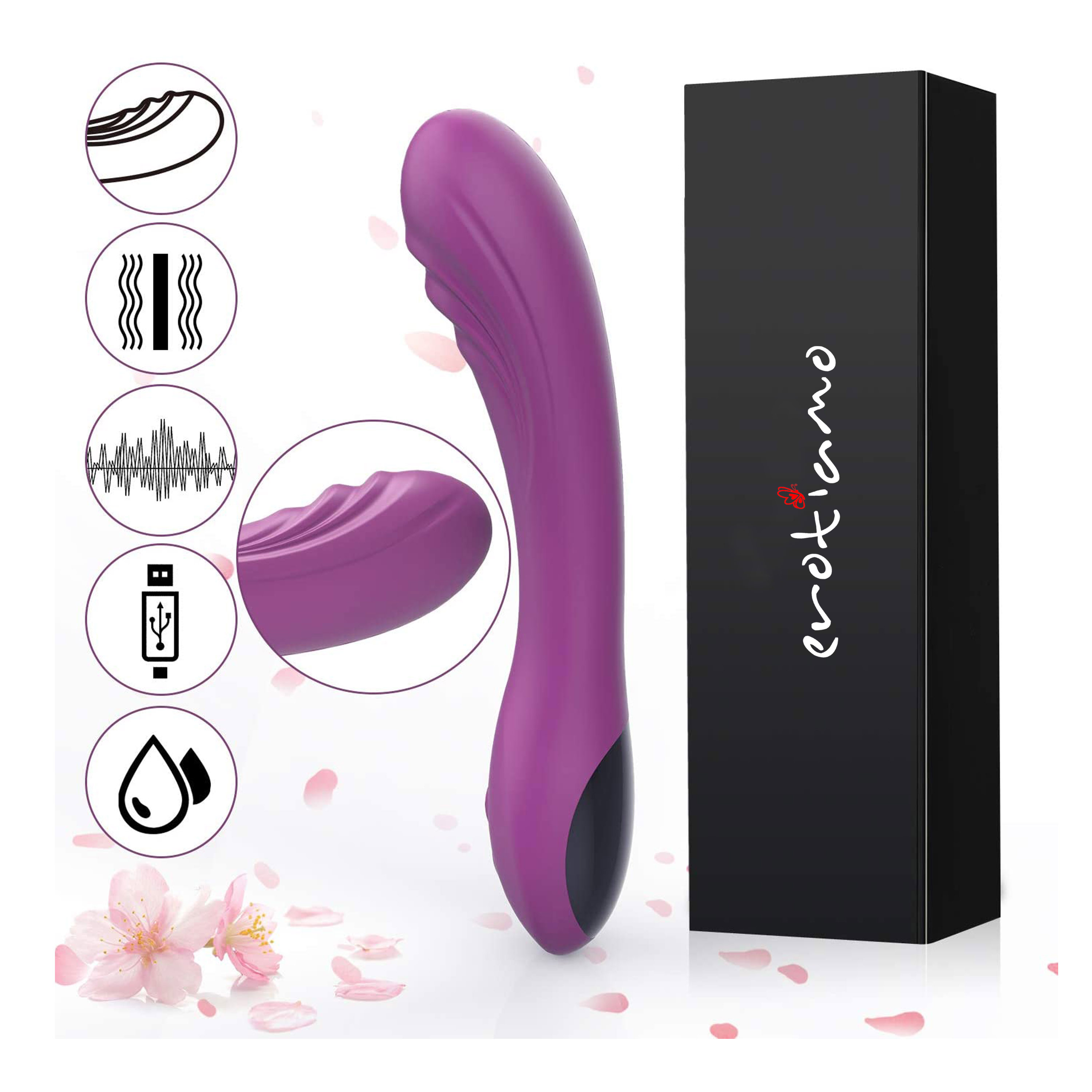 Ein lila Vibrator mit schwarzem Sockel. Eine schwarze Box und Nutzungssymbole sind abgebildet.