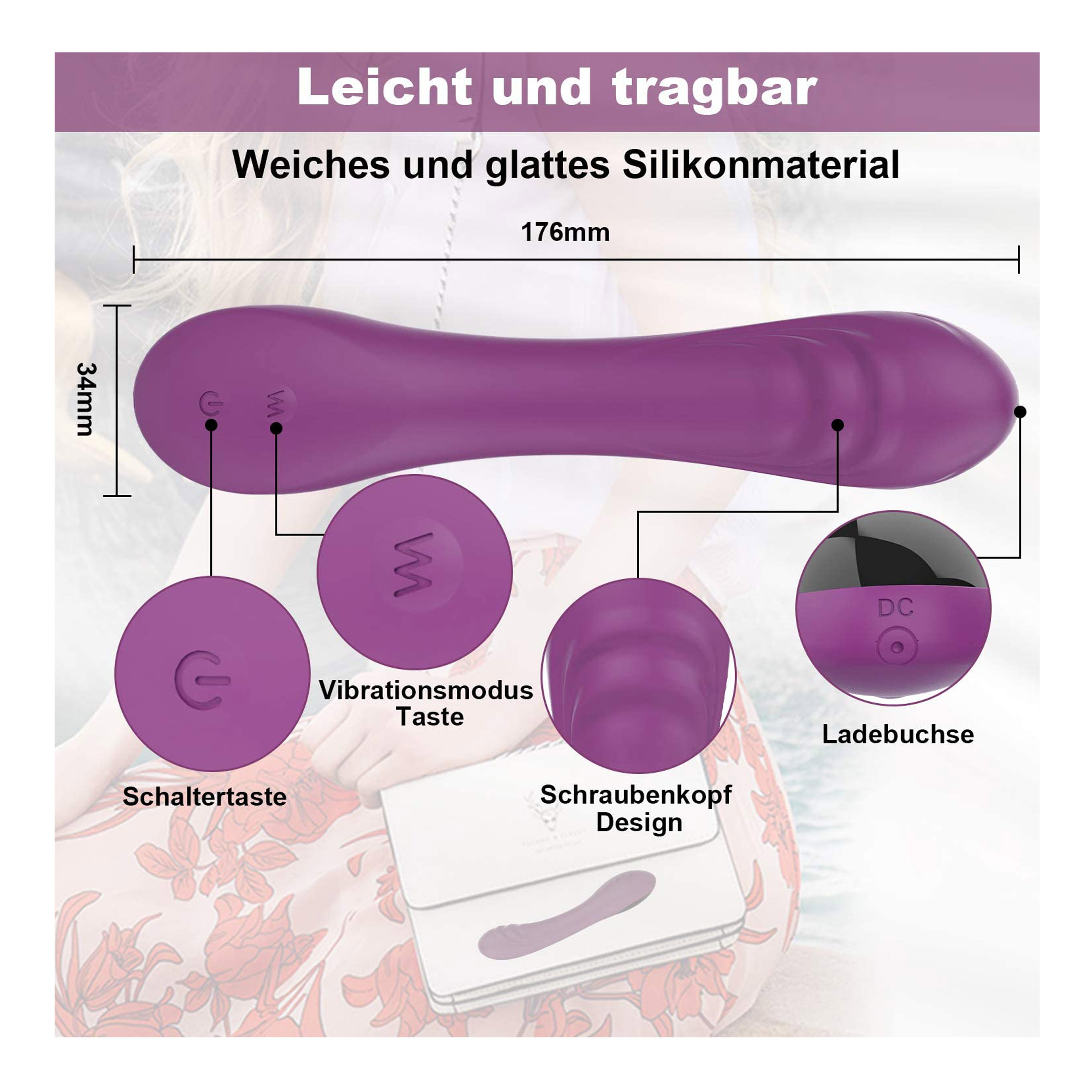 Ein lila Vibrator mit Abmessungen. Nahaufnahmen zeigen Strom-, Vibrations- und Ladeanschlüsse.