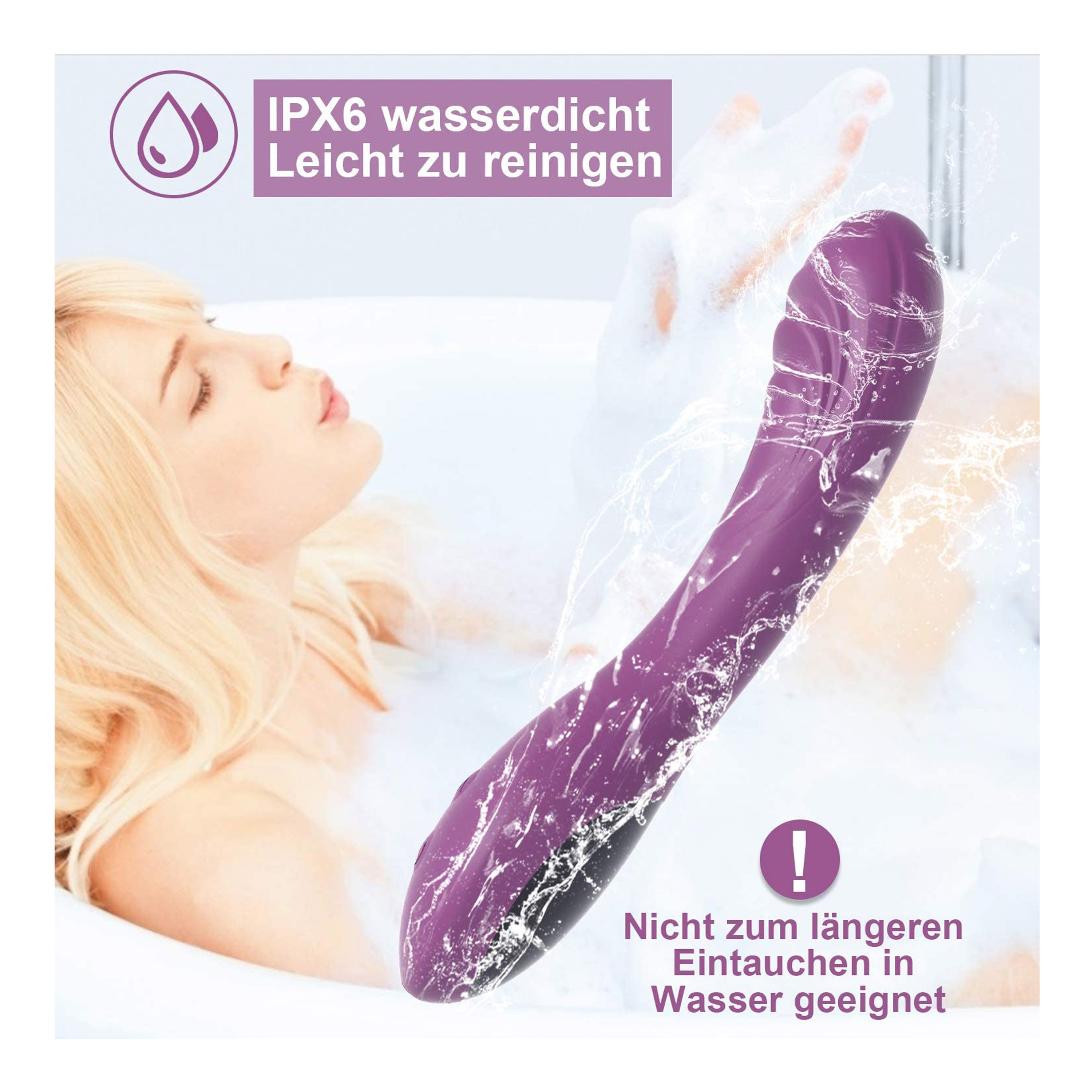 Frau in einer Badewanne mit einem lila Vibrator. Text sagt 'IPX6 wasserdicht' und 'Nicht für längeres Eintauchen geeignet'.