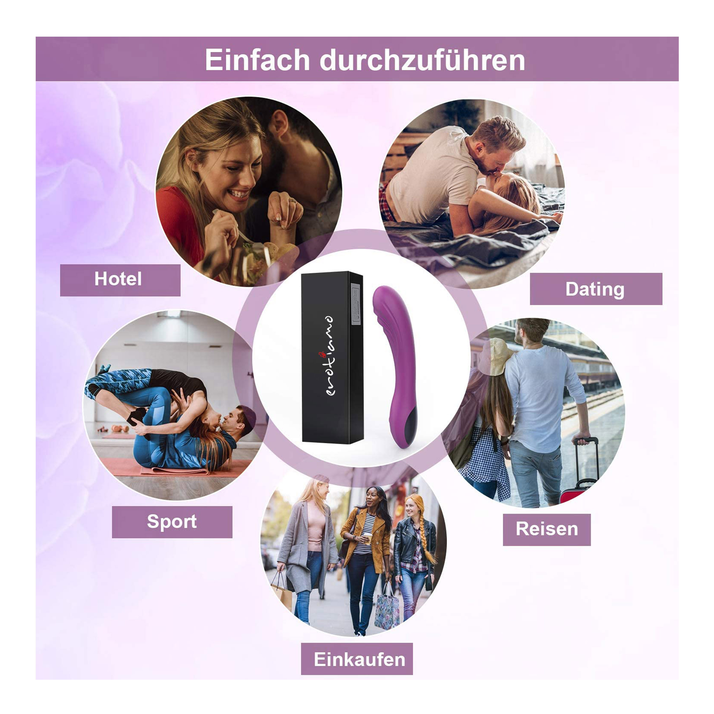 Lila Sexspielzeug und Bilder, die seine Verwendung in verschiedenen Kontexten zeigen: Hotel, Sport, Dating, Reisen, Shopping.