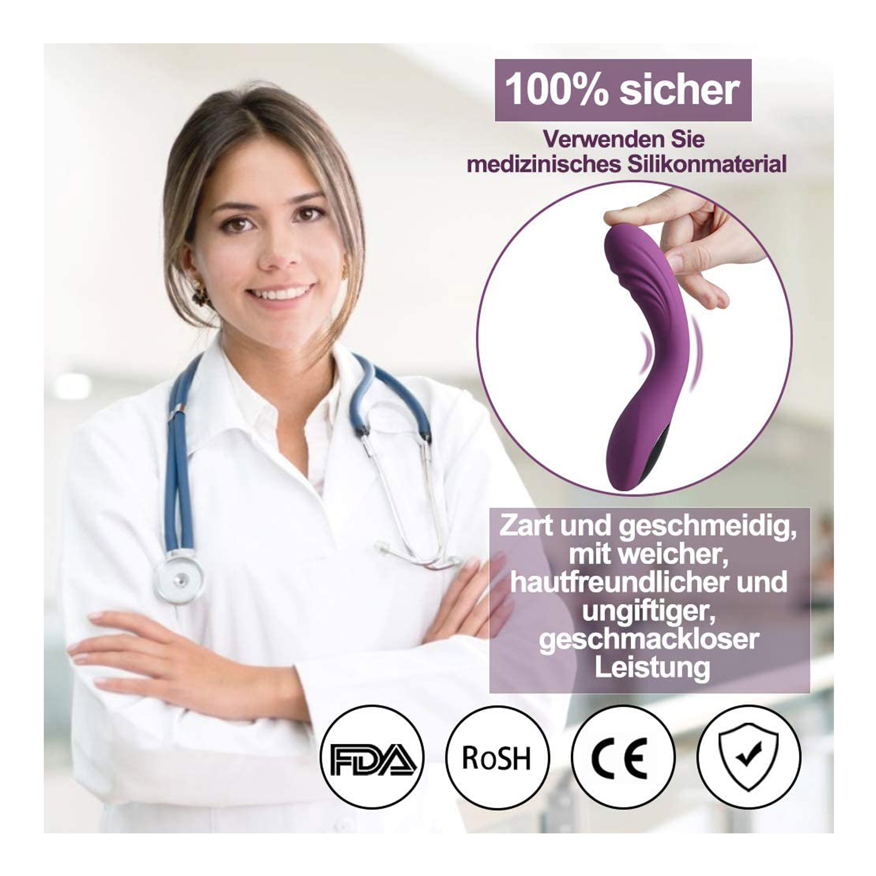Eine lächelnde Frau im weißen Kittel hält einen lila Vibrator. Text sagt '100% sicher' und weitere Infos.