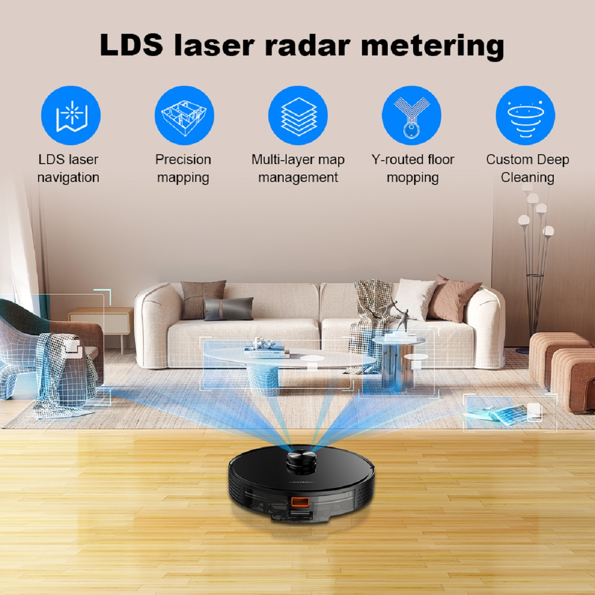 Roboter-Staubsauger auf Holzboden. Zeigt Funktionen: LDS-Lasernavigation, Kartierung, Reinigung und Verwaltung.
