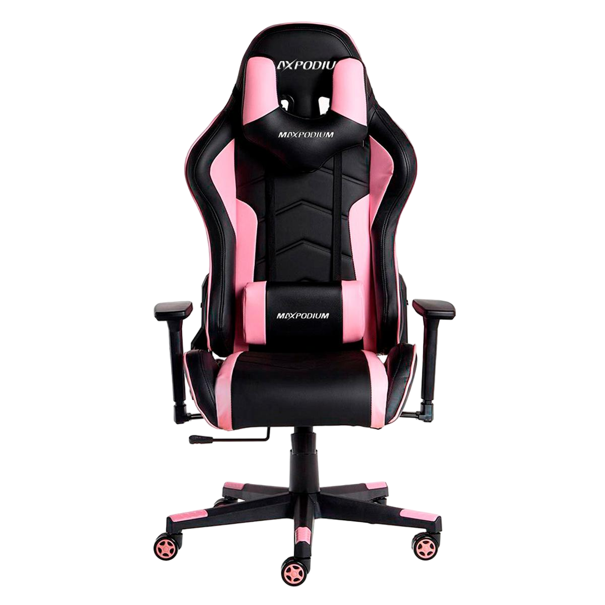 Roze en zwarte gaming stoel.