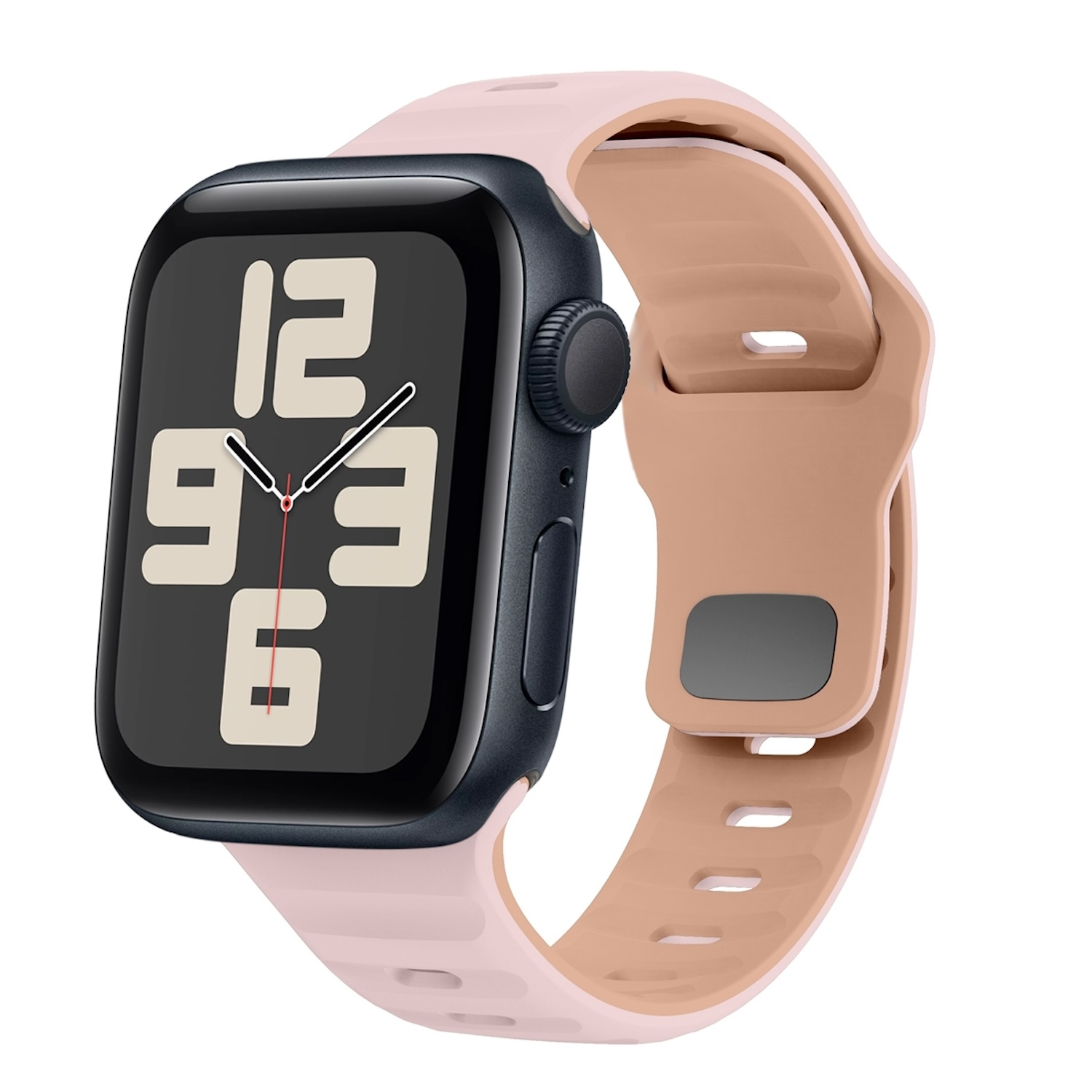 Smartwatch mit schwarzem Zifferblatt, das die Zeit anzeigt. Hellrosa Armband. Weißer Hintergrund.