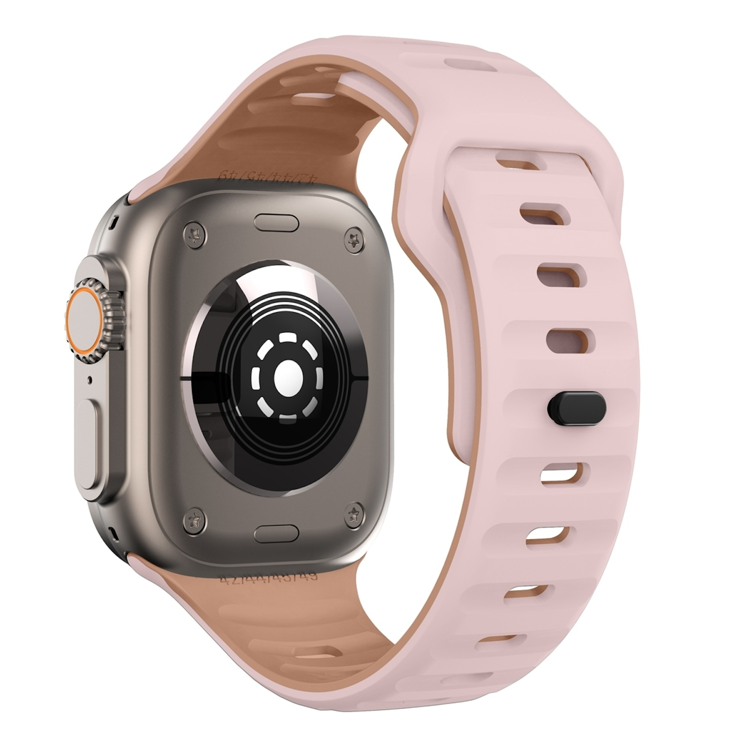 Silberne Smartwatch, rosa Armband. Die Rückseite der Uhr zeigt Sensoren. Weißer Hintergrund.