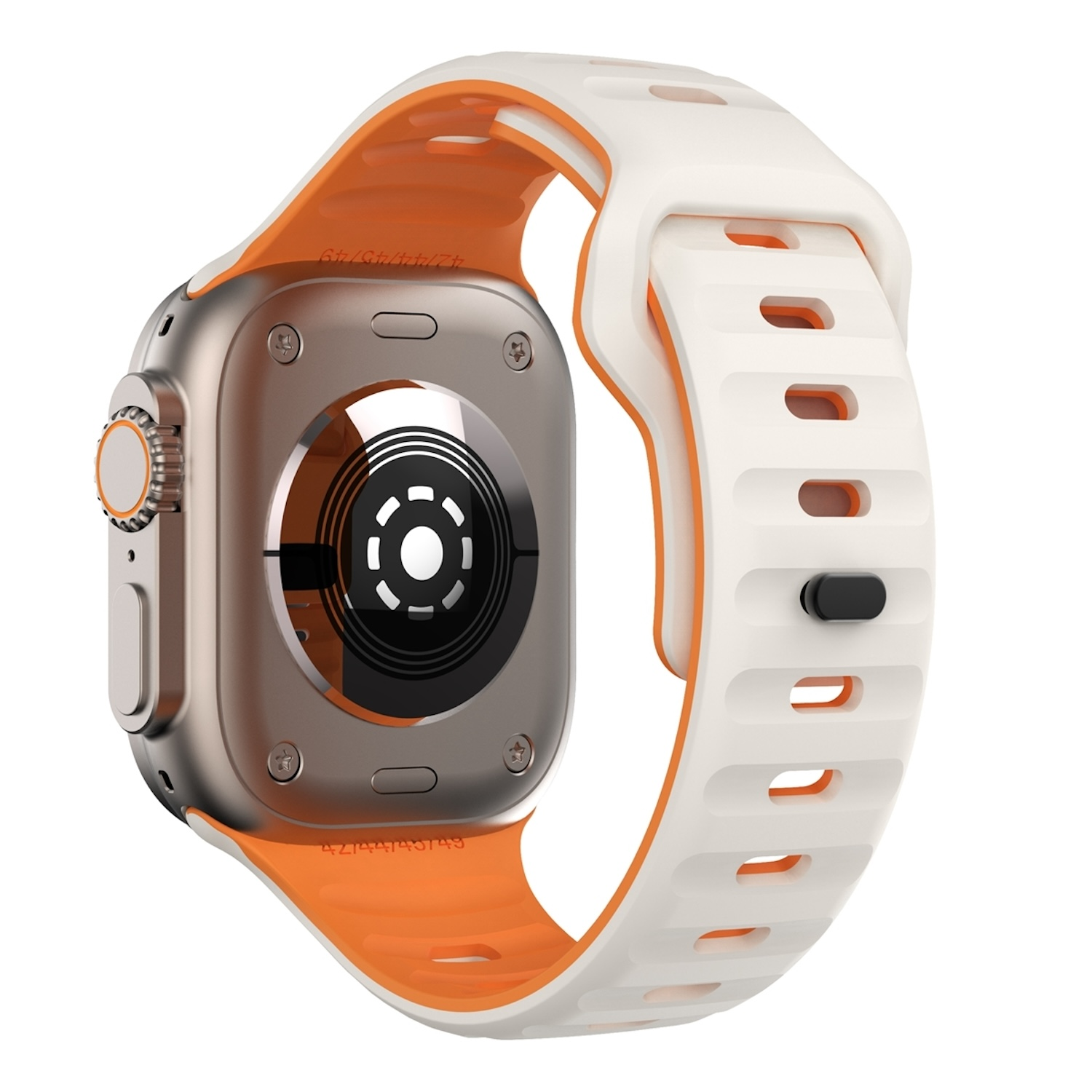 Apple Watch Ultra, Rückansicht. Silberfarbenes Titan, mit einem orangefarbenen und weißen Armband. Nahaufnahme.