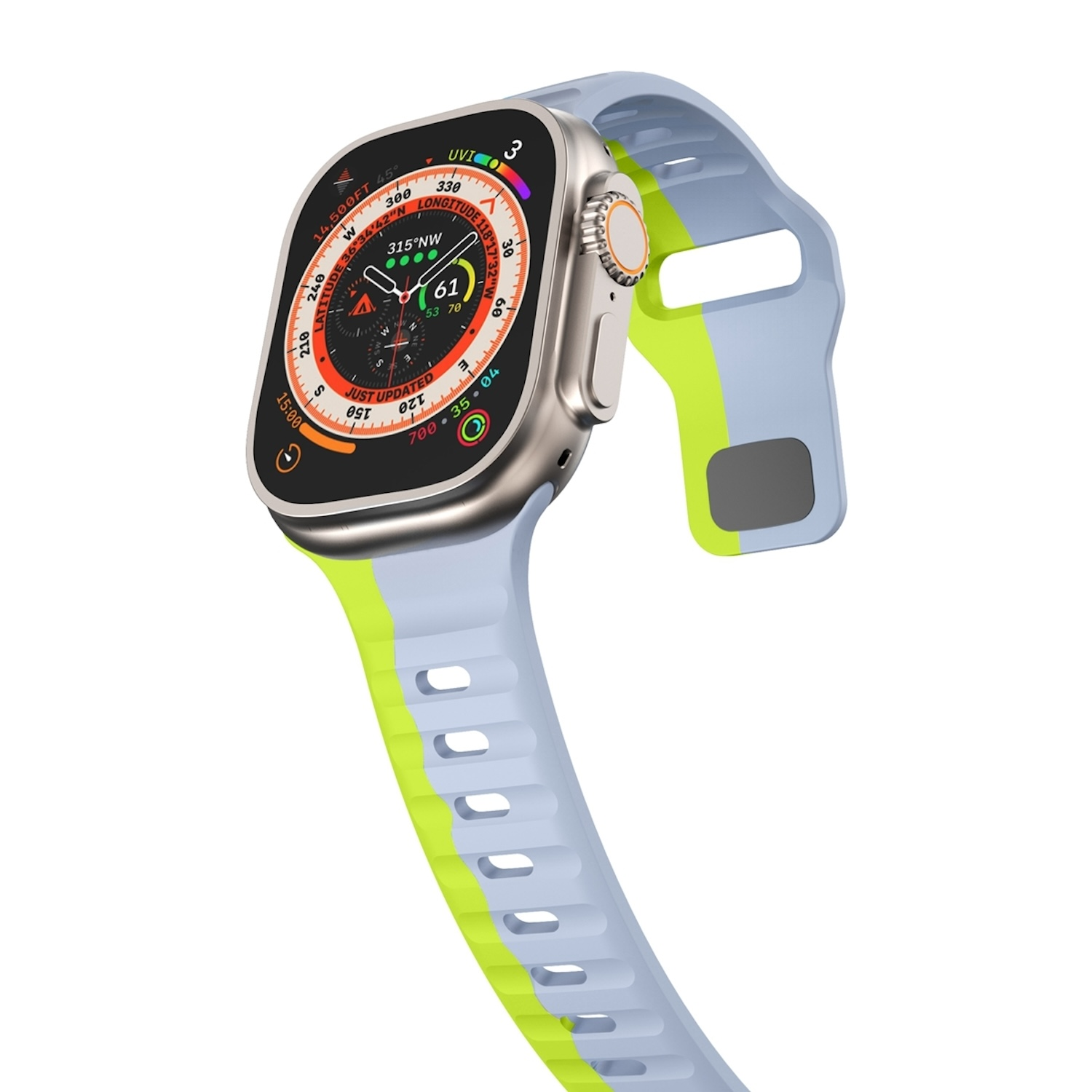 Smartwatch argento con cinturino azzurro e giallo. Mostra dati di tempo e posizione.
