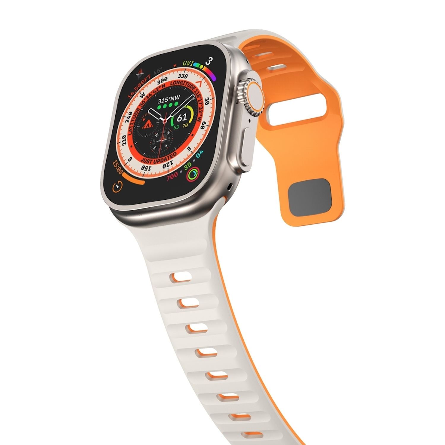Silberne Apple Watch mit orange-weißem Armband. Das Zifferblatt zeigt verschiedene Daten.