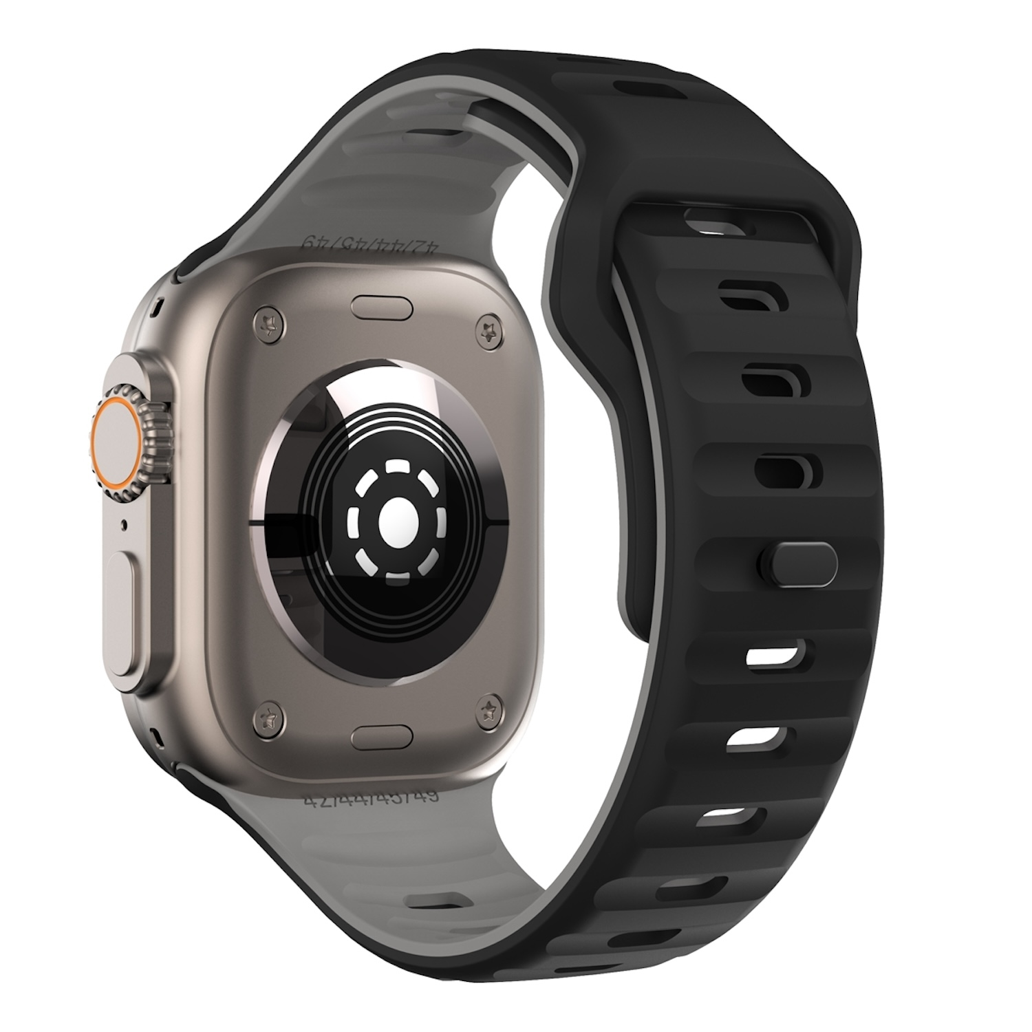 Apple Watch Ultra, Rückansicht. Sie ist grau und schwarz mit schwarzem Armband.