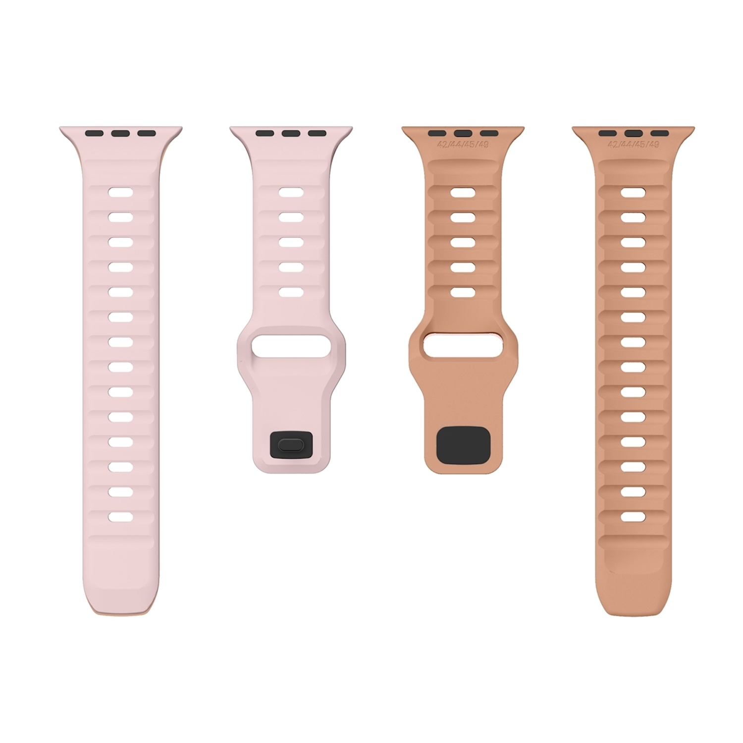 Vier Uhrenarmbänder in Rosa- und Beigetönen. Zwei sind einfarbig, zwei haben ein Lochmuster.