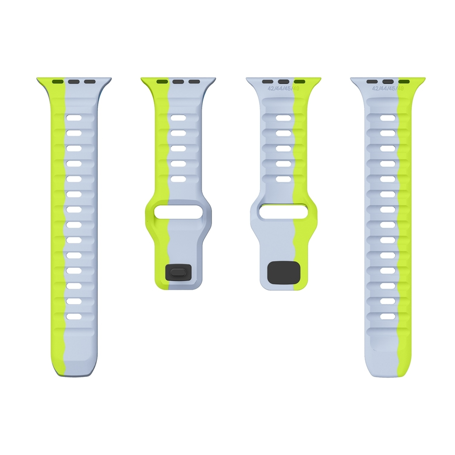 Quattro cinturini per orologi nei colori grigio chiaro e verde neon.