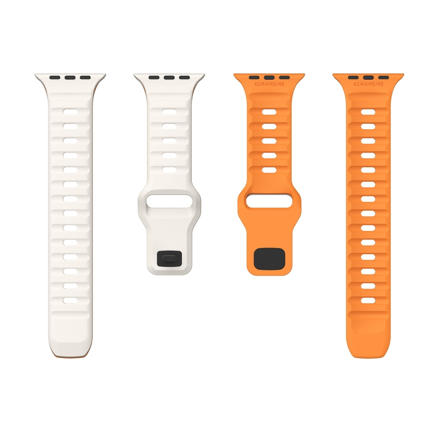 Vier Uhrenarmbänder. Zwei weiß und zwei orange. Alle Bänder haben die gleiche Form. Isoliert auf weißem Grund.