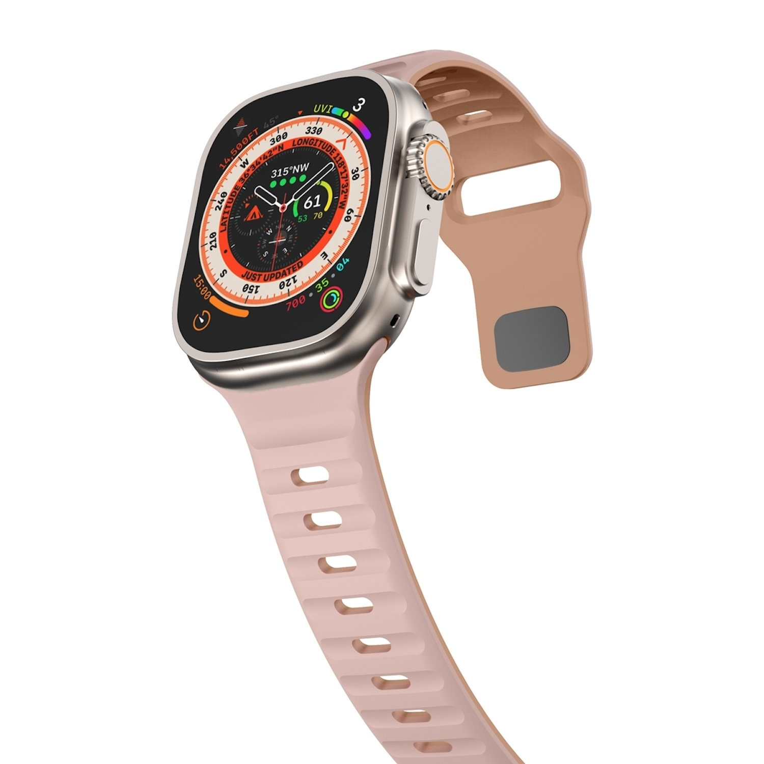 Eine silberne Smartwatch mit pinkfarbenem Armband, abgewinkelt, mit Datumsanzeige auf dem Zifferblatt.