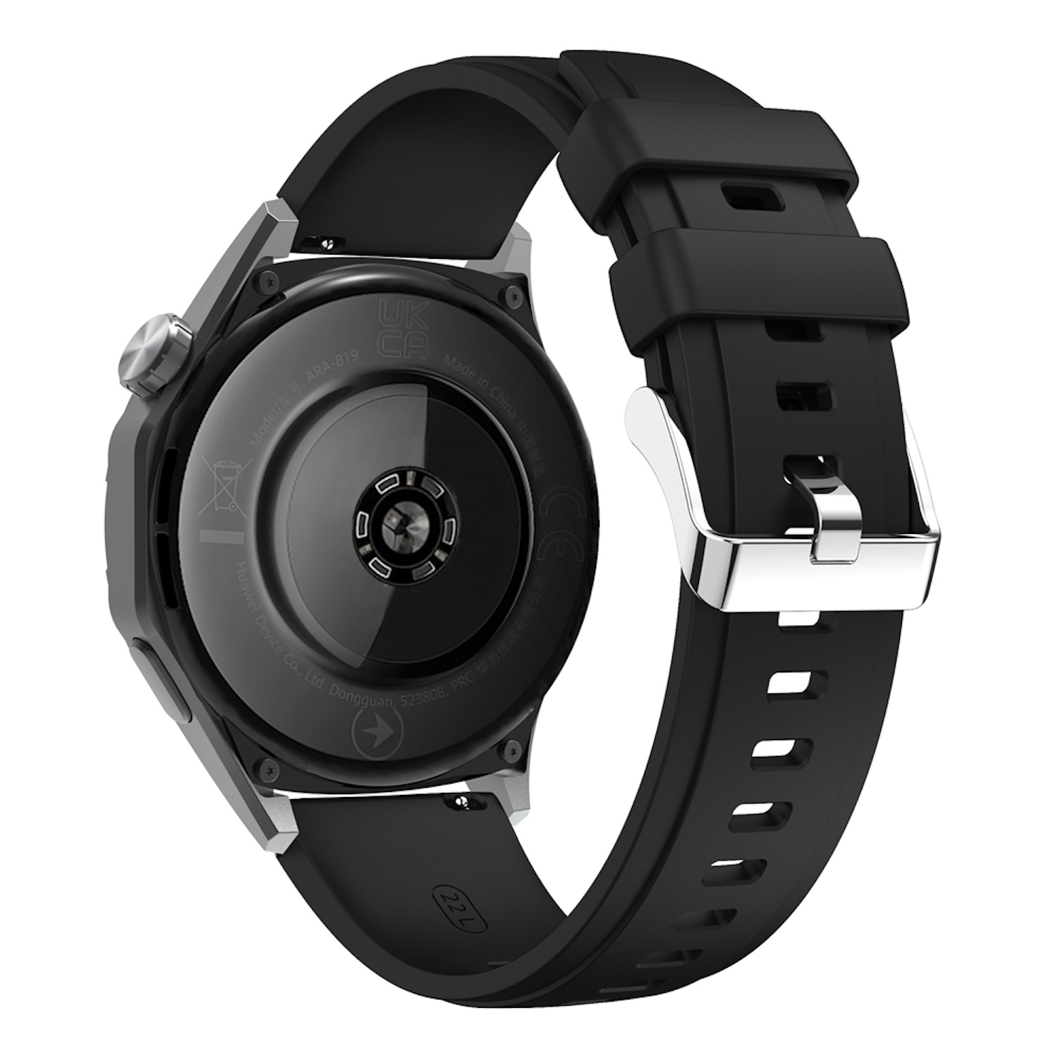 Rückansicht einer schwarzen Smartwatch mit schwarzem Armband und silberner Schnalle. Die Rückseite zeigt Infos.