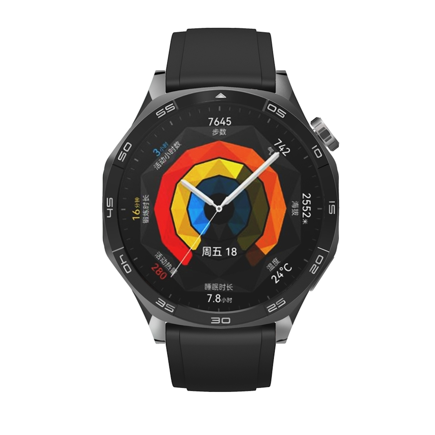 Smartwatch mit schwarzem Armband, Anzeige von Zeit, Schritten und Aktivitätsdaten.