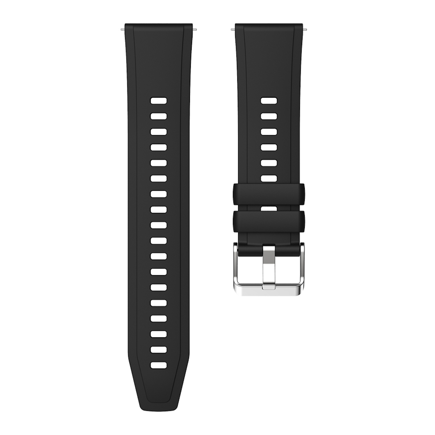 Zwei schwarze Uhrenarmbänder mit einer Schnalle.