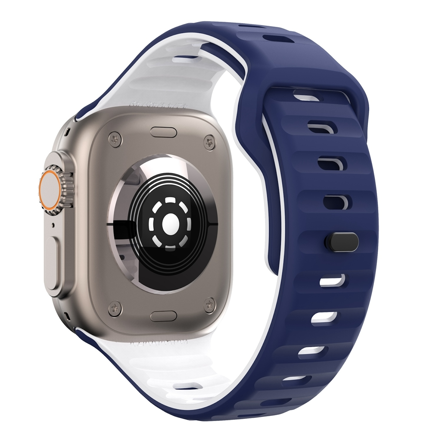 Nahaufnahme einer Smartwatch mit blau-weißem Band, silbernem Gehäuse und Rückendetails.