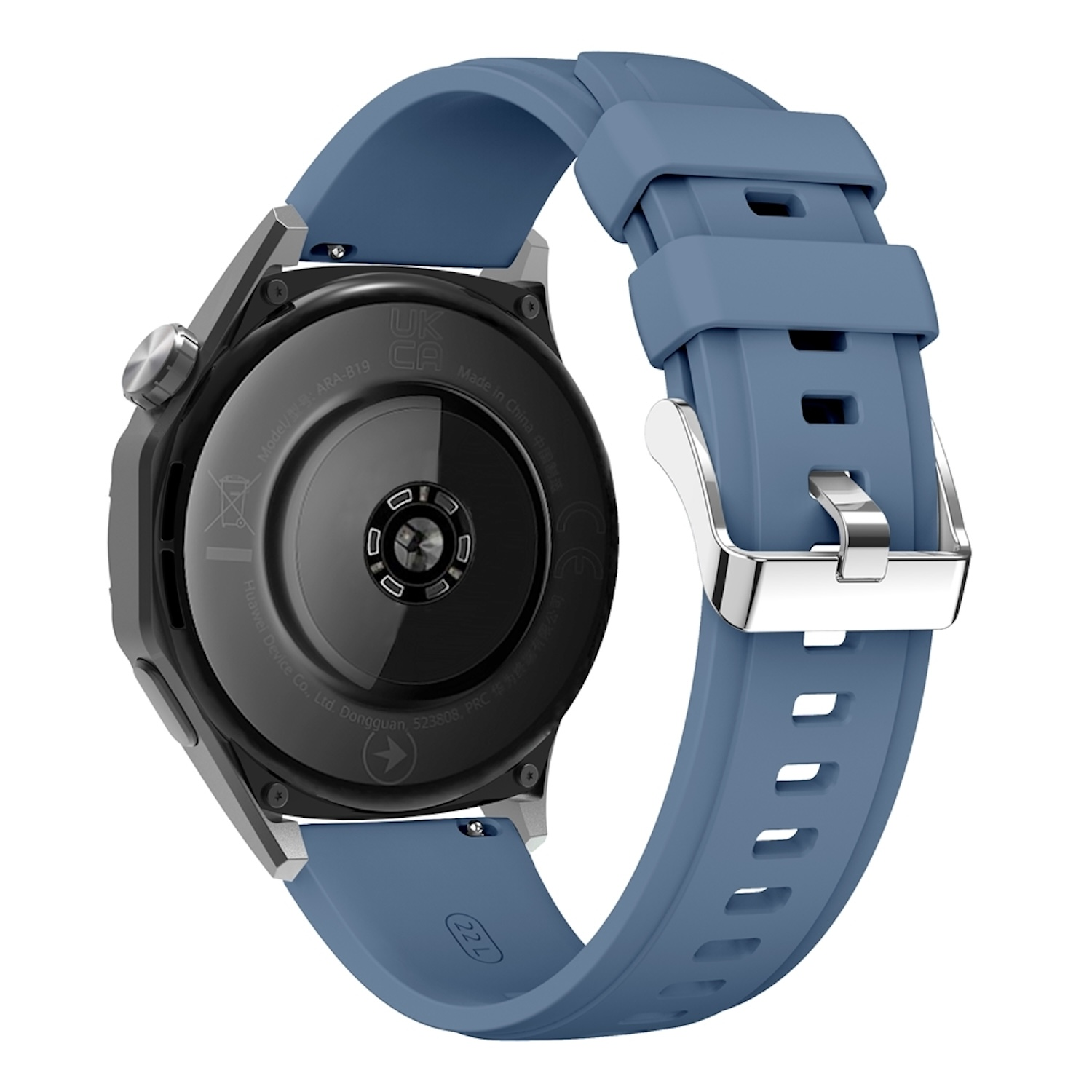 Schwarze und silberne Smartwatch mit blauem Armband.