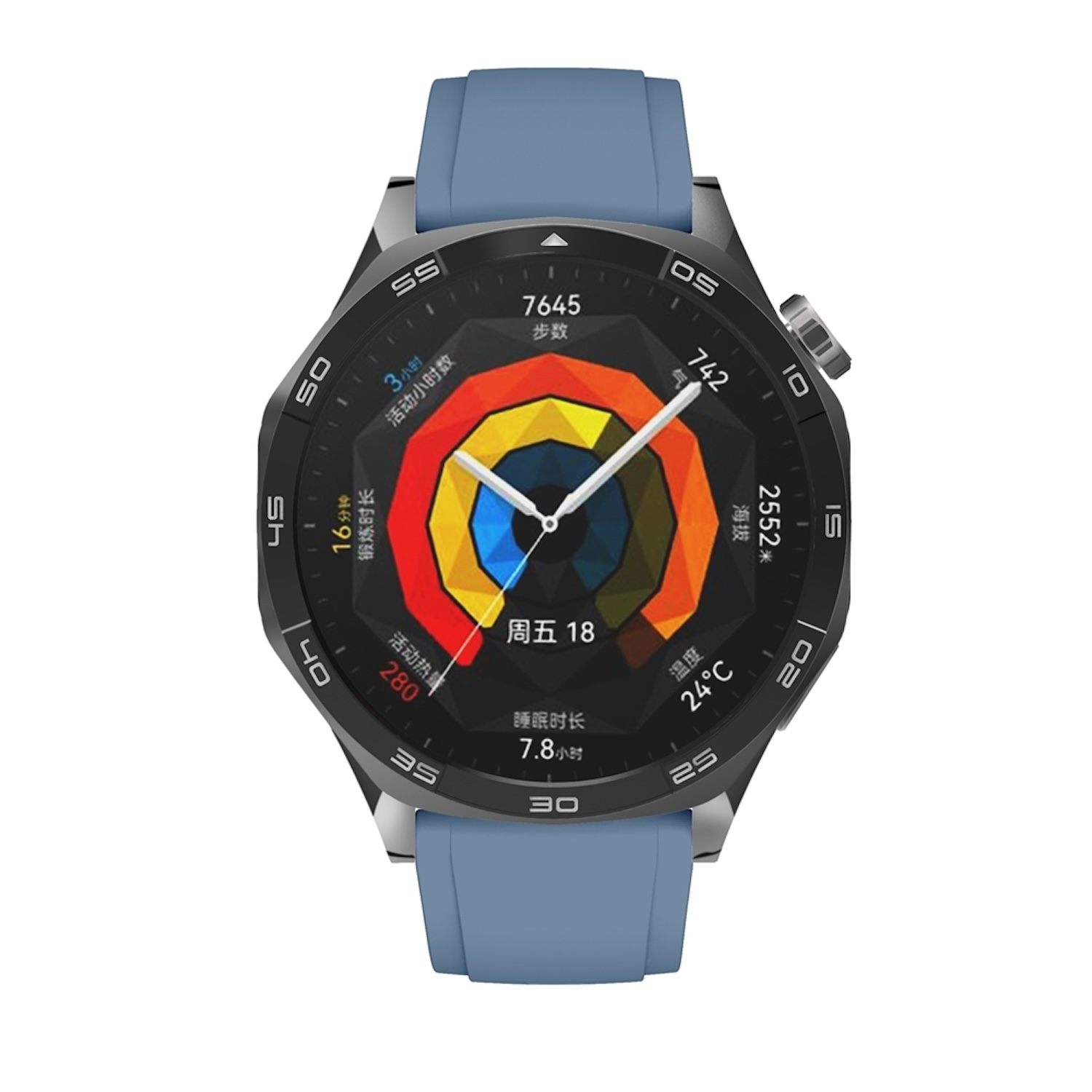 Smartwatch mit blauem Armband. Der Bildschirm zeigt Schrittzahl und Uhrzeit.