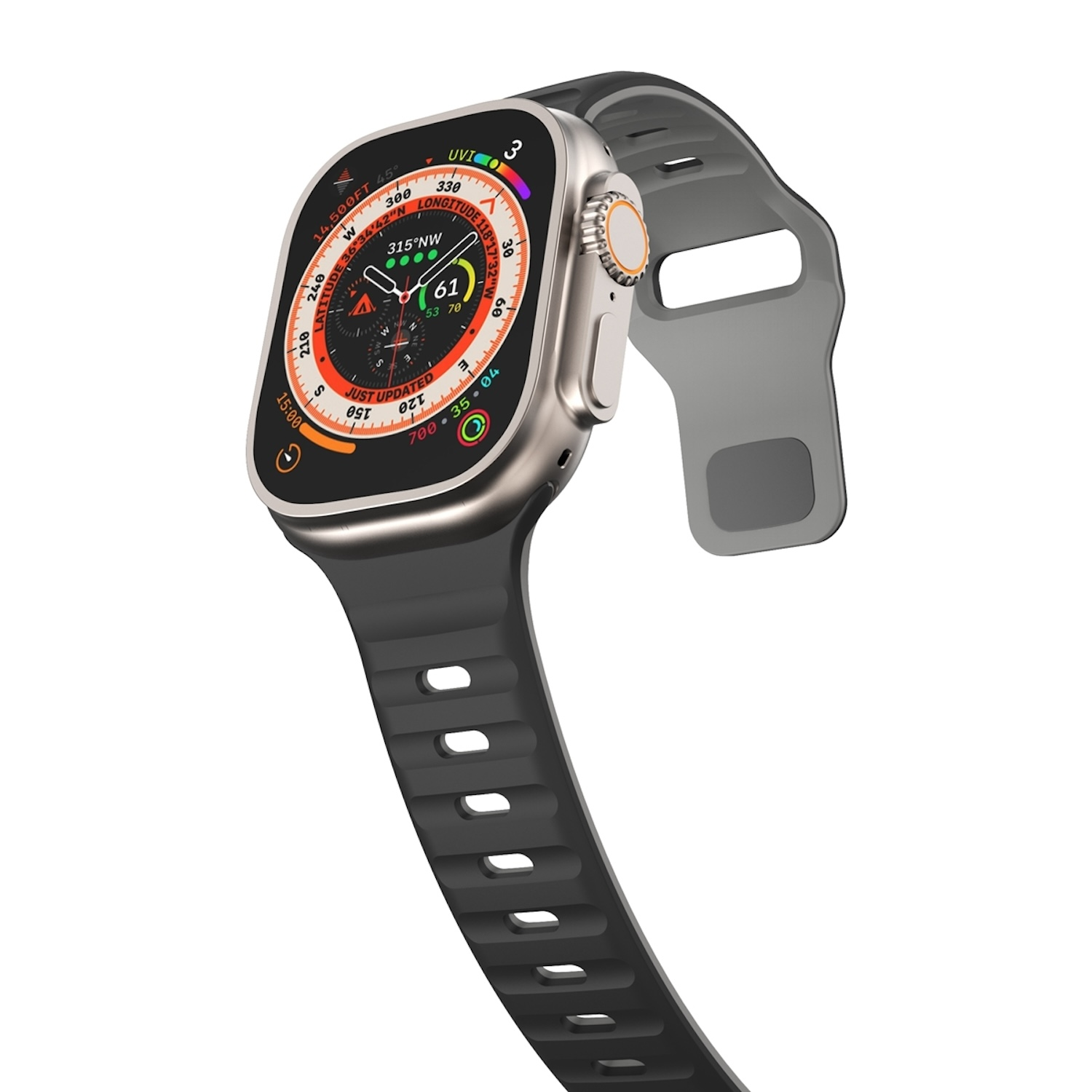 Silberne Smartwatch mit schwarzem Armband. Es zeigt eine Oberfläche mit verschiedenen Daten an.