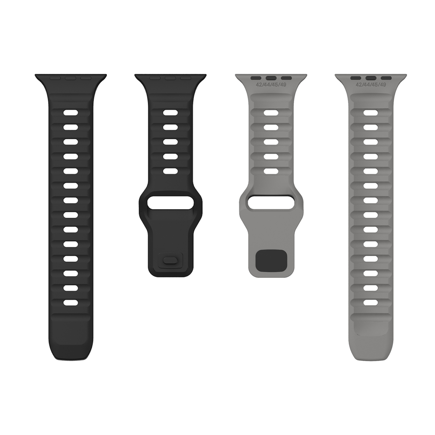 Vier schwarze und graue Uhrenarmbänder. Zwei sind einfarbig, zwei haben Löcher.