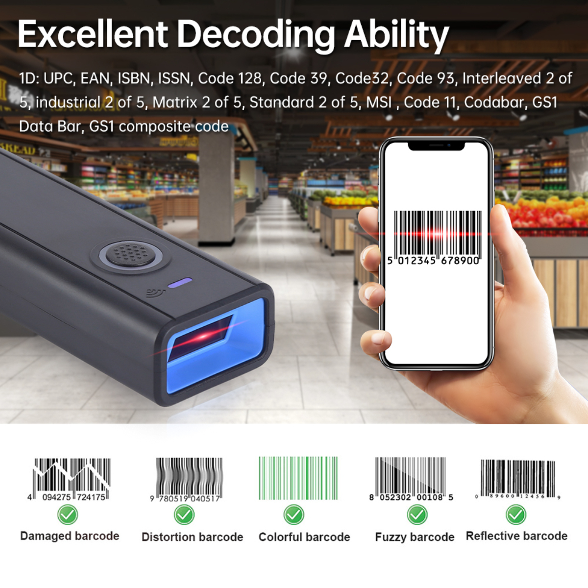 Ein Barcode-Scanner mit Beispielen für beschädigte, verzerrte, farbige, unscharfe und reflektierende Barcodes.