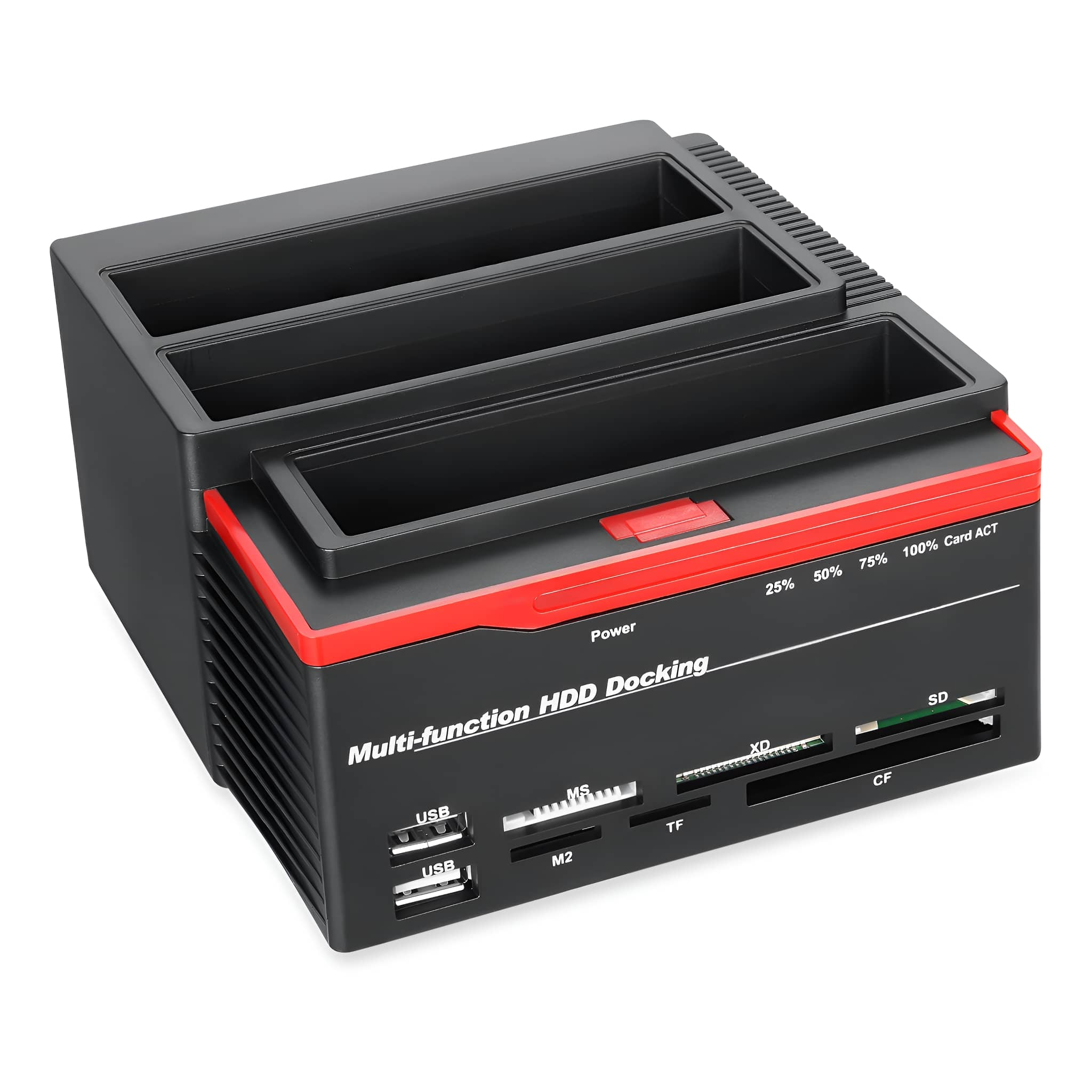 Schwarze und rote HDD-Dockingstation. Mehrere Steckplätze und Kartenleser.