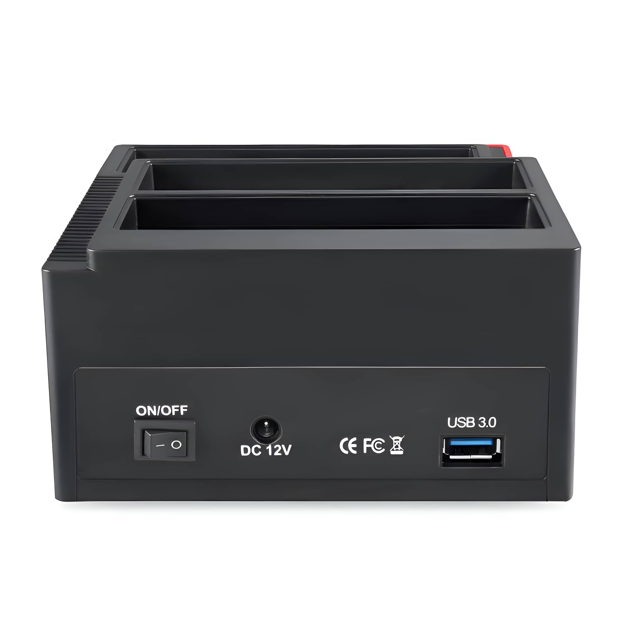 Eine schwarze Ladestation mit Ein/Aus, DC 12V, CE FC und USB 3.0 Anschlüssen.
