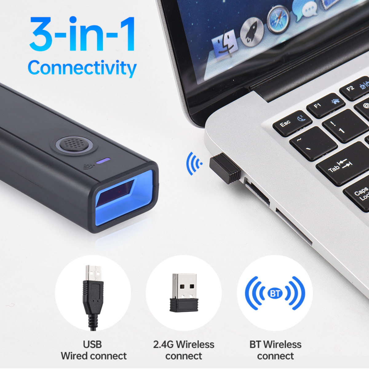 Schwarzer Barcode-Scanner, USB-Kabel, 2,4G-Adapter und Laptop mit Bluetooth-Symbol.
