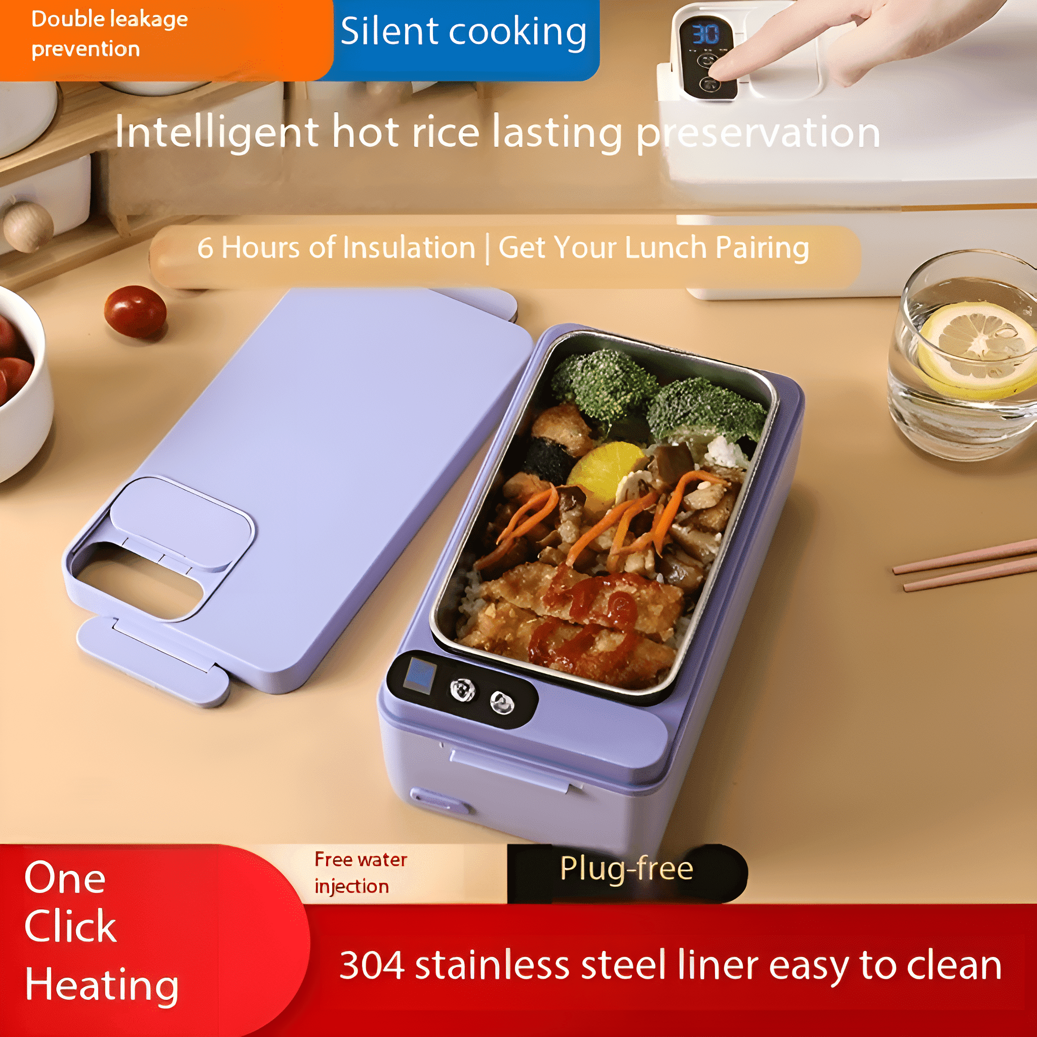 Eine elektrische Lunchbox, geöffnet, mit Essen darin und Textaufklebern.