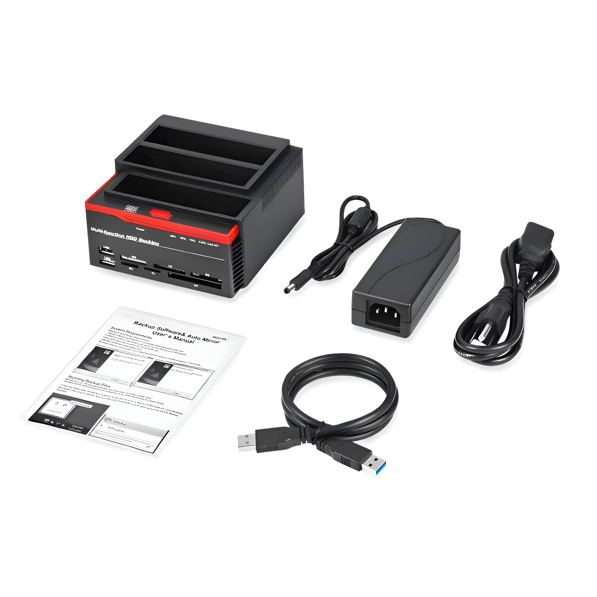 Eine Reihe von Computerzubehör, darunter eine Festplatten-Dockingstation, ein Netzteil und ein USB-Kabel.