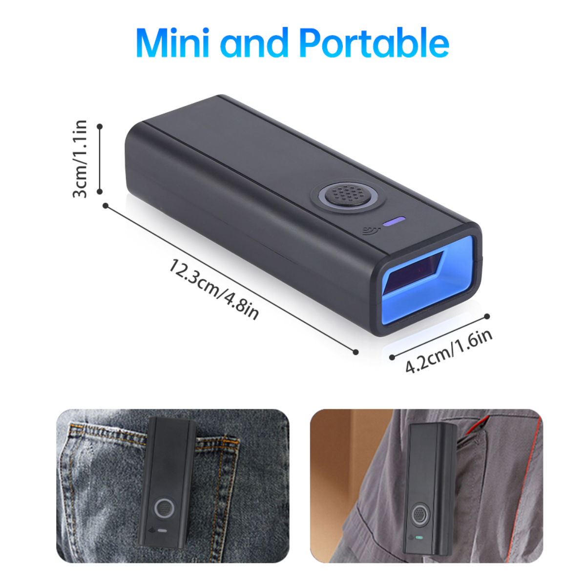 Schwarzer Barcodescanner mit Maßen, im Einsatz an einer Tasche und einem Gürtel, vor weißem Hintergrund.