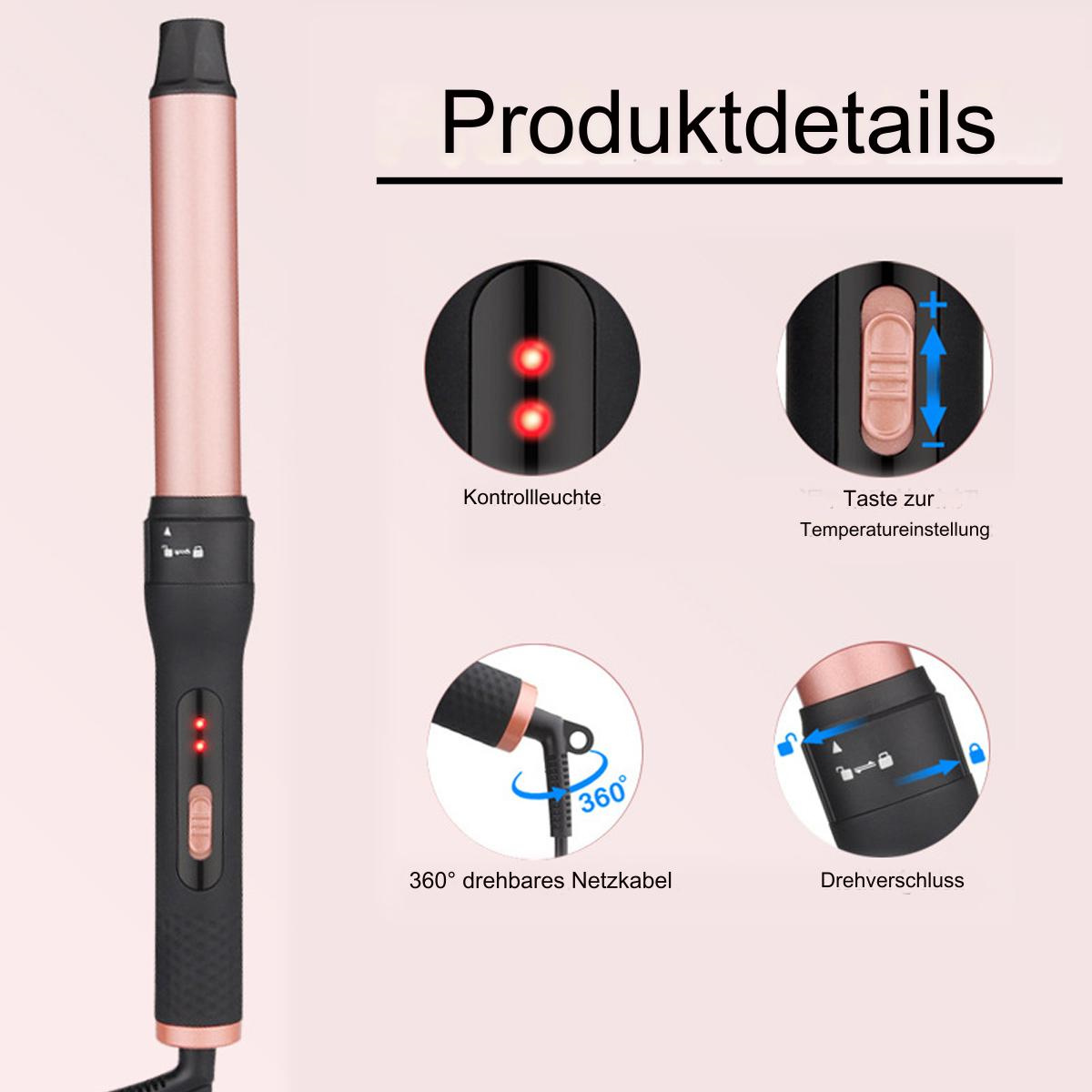 Haar-Lockenstab mit Details zu seinen Funktionen. Der Hintergrund ist weiß.