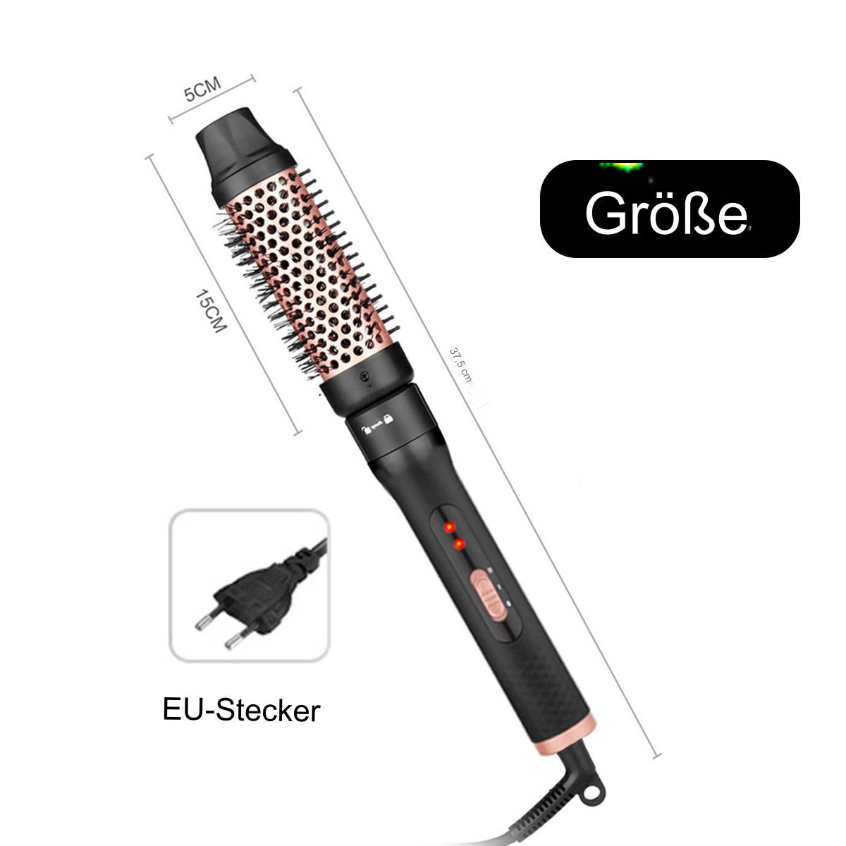Haarstylingbürste. Schwarz-roségoldenes Design. Maße und EU-Stecker sind auf dem Bild gekennzeichnet.