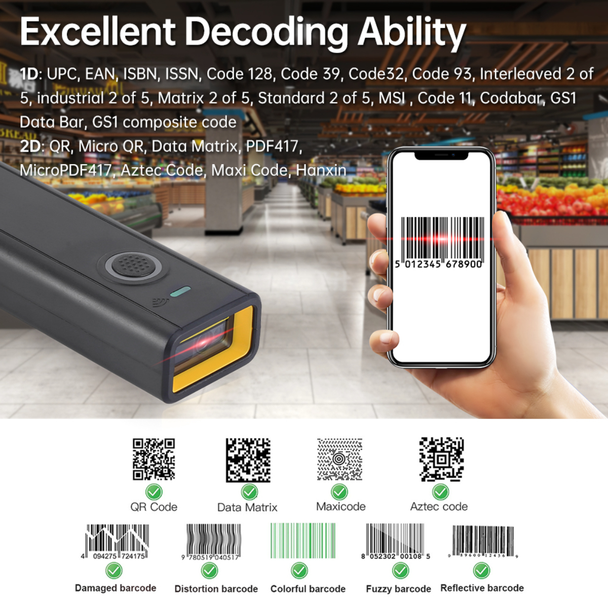 Ein Barcode-Scanner mit einem Telefon, das Barcode-Daten und verschiedene Typen anzeigt.