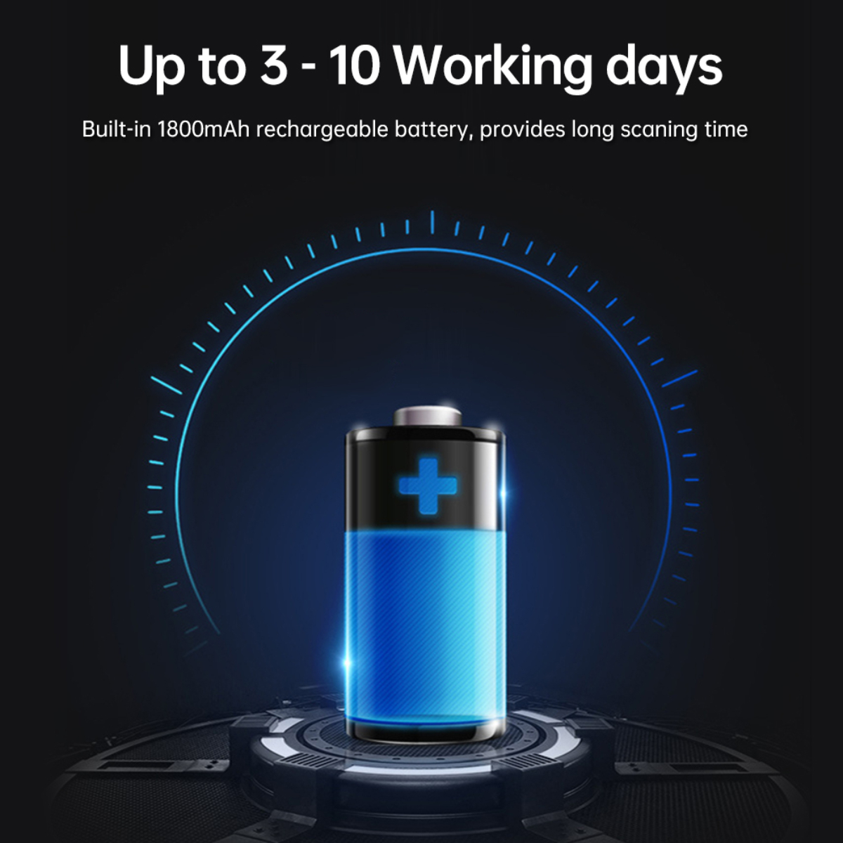 Eine blaue Batterie-Grafik, umgeben von einem blauen Kreismuster, mit Text über die Akkulaufzeit.