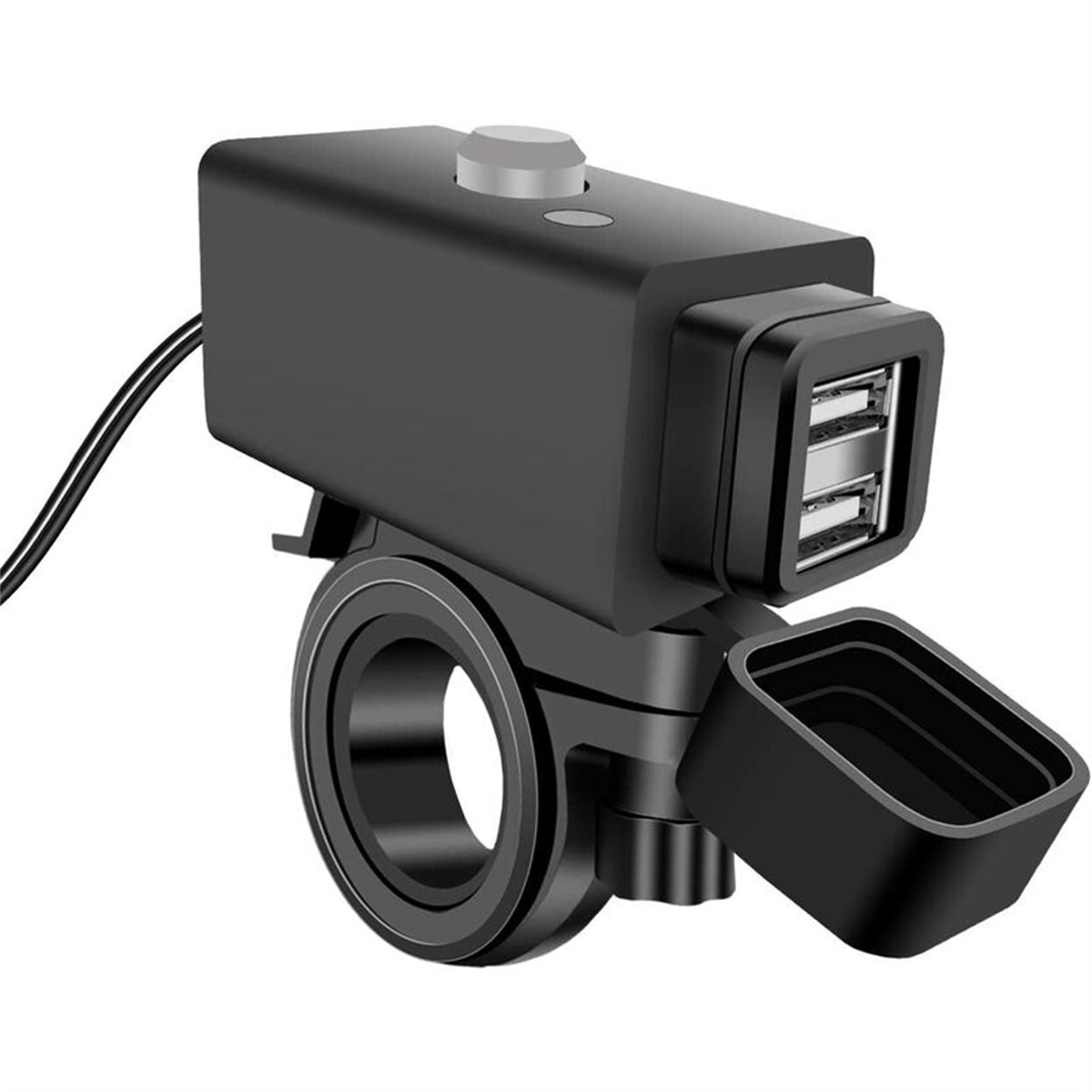 Schwarzer Motorrad-USB-Ladegerät mit zwei USB-Anschlüssen. Auf einem schwarzen Ring montiert.