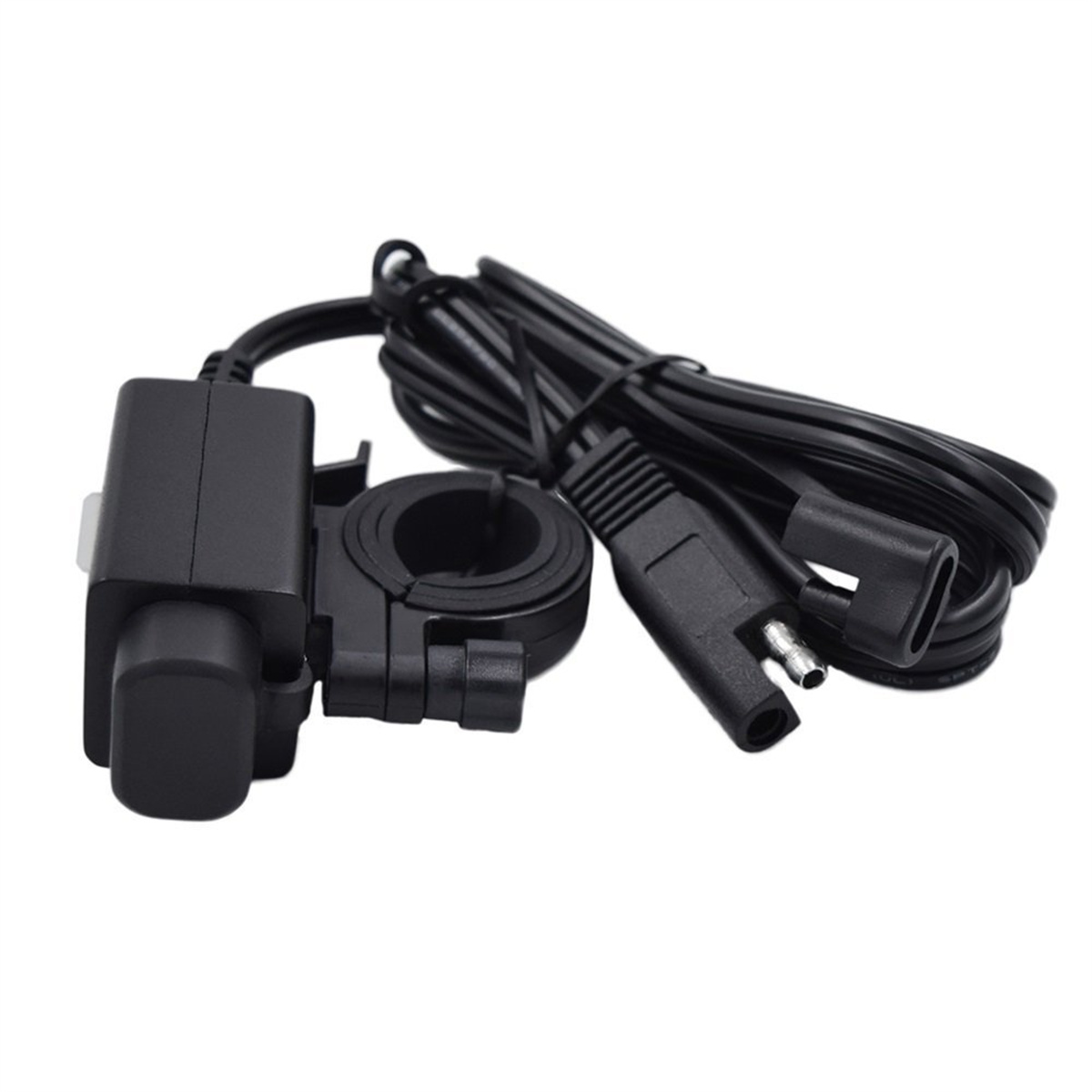 Schwarzes Motorradzubehör mit zylindrischem und rechteckigem Teil, verbunden durch ein schwarzes Kabel.