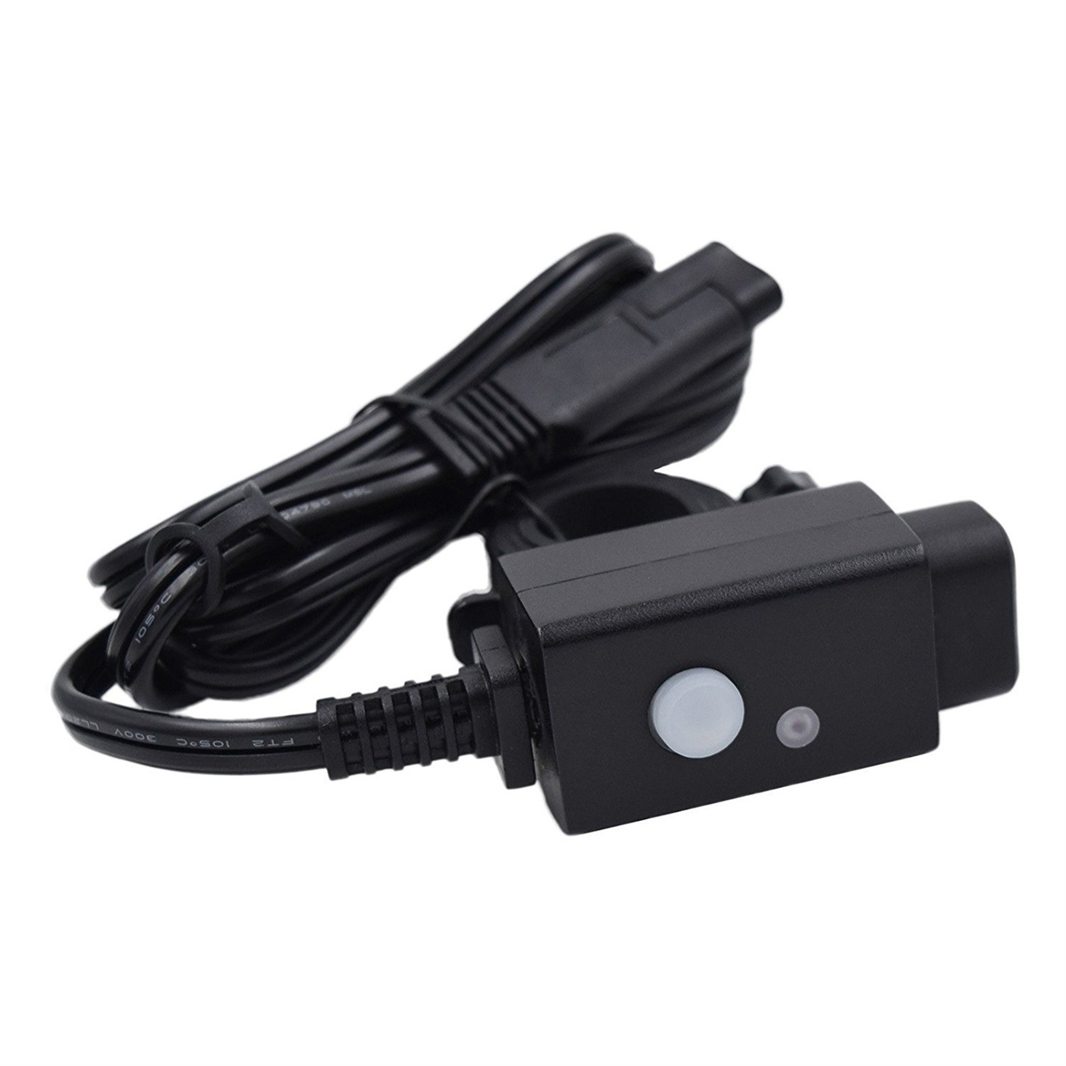 Schwarzes elektronisches Gerät mit schwarzem Kabel und weißem Knopf.