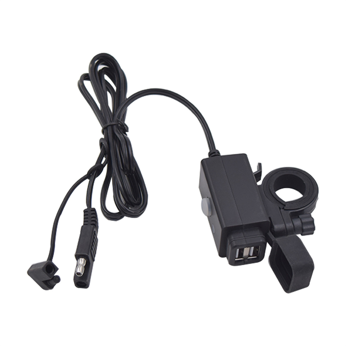 Schwarzes Motorrad-USB-Ladegerät mit mehreren Kabeln und einer Halterung.